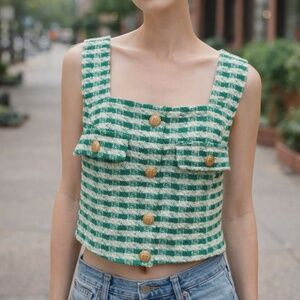 Aqua Vintage 60’s Style Tweed Top – Green & White with Gold Buttons